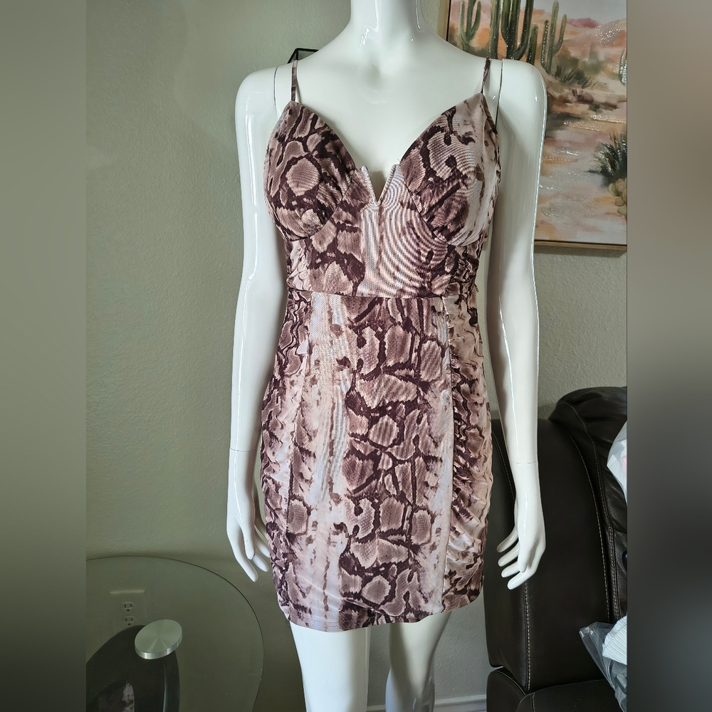 J For Justify Brown snake print bodycon mini dress with a deep V-neckline